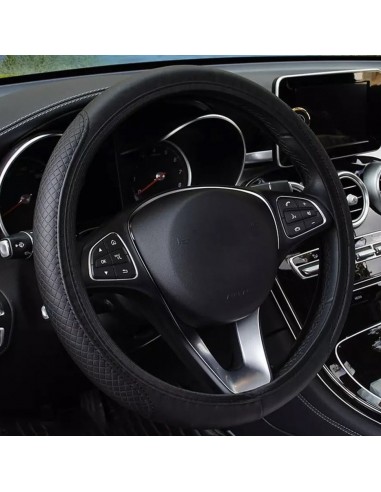 Black leather steering wheel cover, double elastic band - CarStyle™ de l' environnement