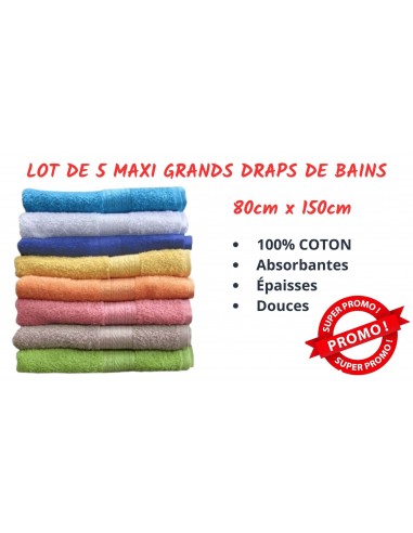 Lot de 5 MAXI Draps de bain - 80x150cm - GRANDES SERVIETTES 100% Coton de Qualité français