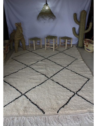 GRAND Tapis Marocain Beni Ouarain - Blanc motif Losange - Artisanal Berbère - 100% Laine de mouton les muscles